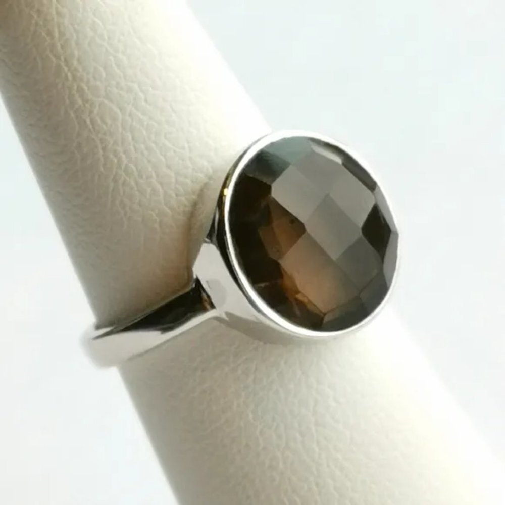 Sterling Silver Checkerboard Cut Smokey Topaz Smoky Quartz Ring